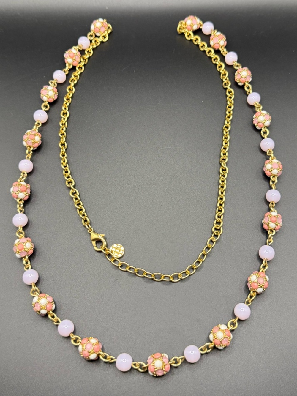 Talbots Gold-Tone Necklace with Pink Floral Beads and Lavender Rounds